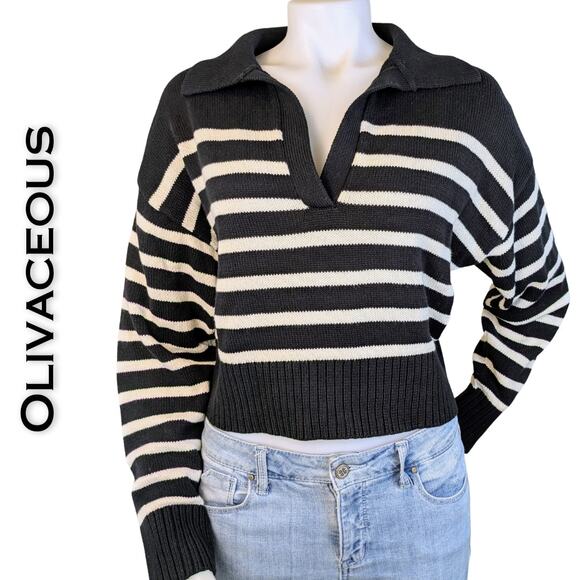 Olivaceous Ronald Black White Striped Deep V-Neck Collared Crop Sweater Medium - Picture 1 of 10